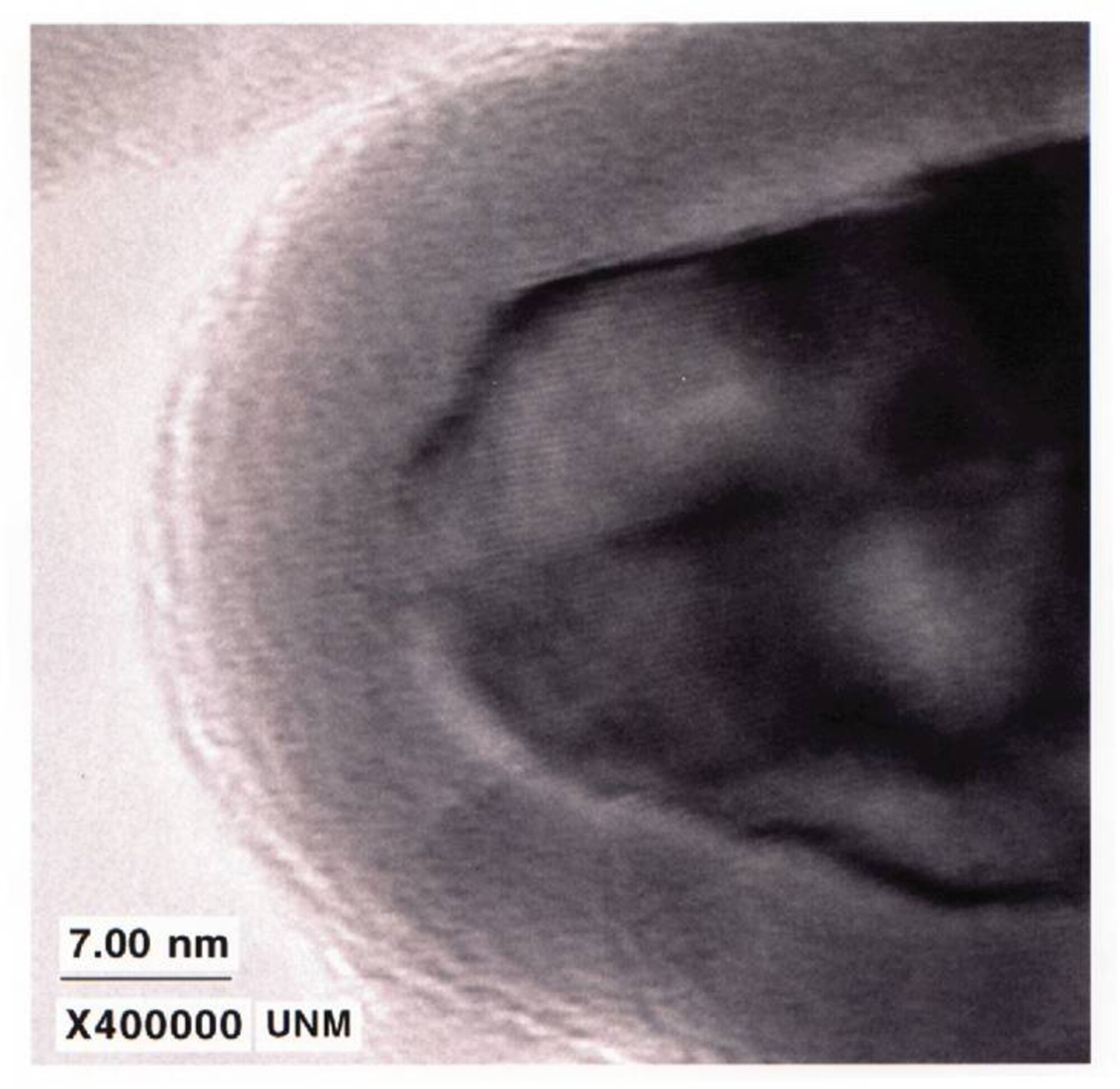 Transmission Electron Microscopy (TEM) image of aluminum oxide ALD on a boron nitride nanoparticle. (Image courtesy of Steven M. George, University of Colorado, Boulder)
