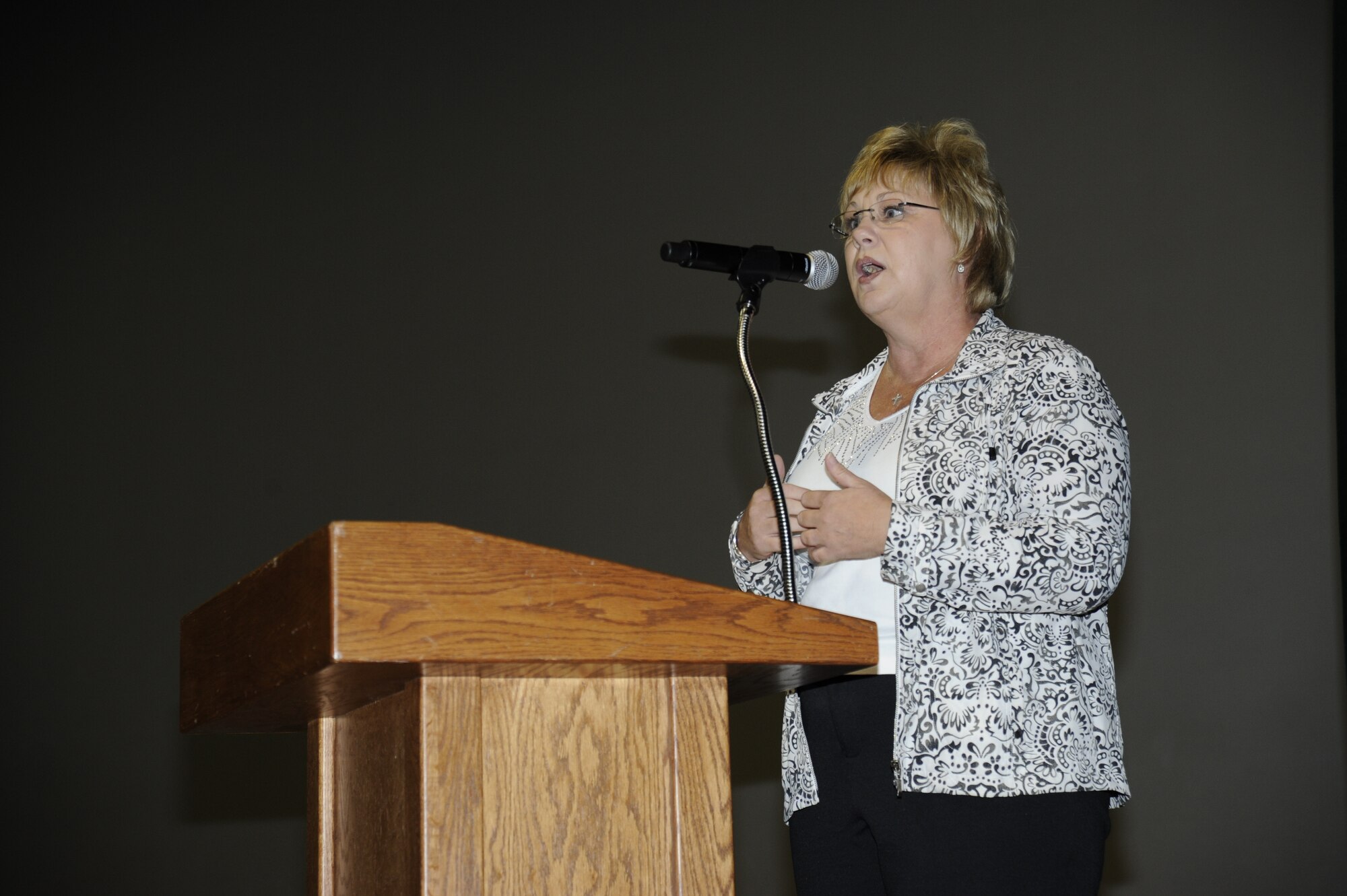 Mrs. Janet Grampp, Joint Base Andrews’ Fisher House manager, Md., discuses the benefits of the fisher house, and the services it provides to servicemembers and their families, with support from the Combined Federal Campaign Sept. 23 at Joint Base Andrews. The CFC kicks-off Monday, Sept. 26, and goes through Nov. 4. (U.S. Air Force photo by Staff Sgt. Christopher Ruano)