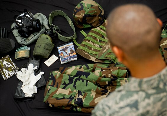 Eglin’s operational readiness inspection begins Oct. 20.  Airmen are required to keep, wear and use up to 16 different items through various stages of a Phase II exercise during the ORI.  All items must be serviceable and Airmen must know how to apply them at a moment’s notice.   Certain mission-oriented protective postures call for use of specific chemical gear.  Airmen must know those postures in order to dress in the right equipment.  The Airman’s Manual provides a blueprint of the gear and at what MOPP level to wear it.  (U.S. Air Force photo/Samuel King Jr.)