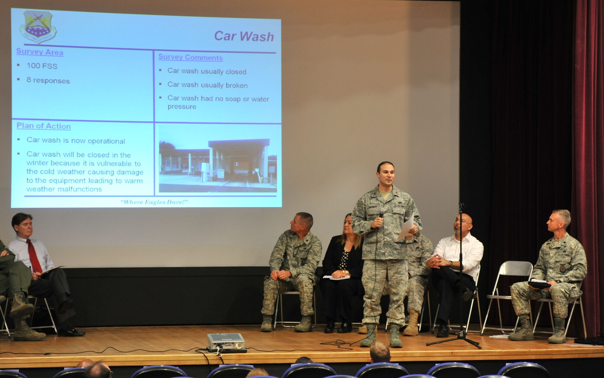 RAF MILDENHALL, England – Maj. Adrian Hageman, 100th Force Support Squadron commander, addresses the crowd during a town hall meeting at the base theater here Sept. 22. Hageman spoke about some issues with facility and service issues that fall under the 100th FSS. (U.S. Air Force photo by Senior Airman Jerilyn Quintanilla)