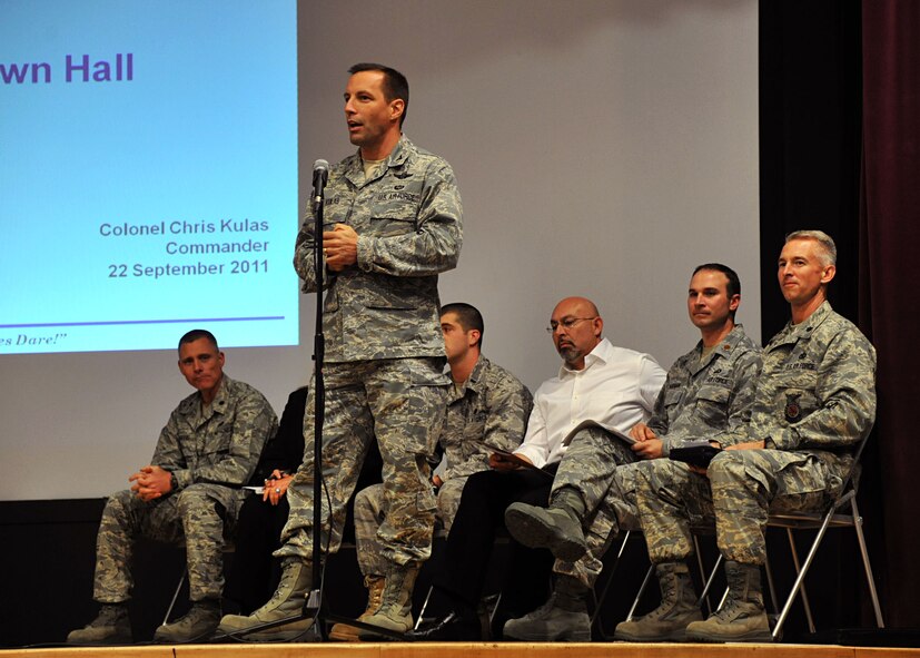 RAF MILDENHALL, England – Col. Christopher Kulas, 100th Air Refueling Wing commander, gives opening remarks during a town hall meeting at the base theater here Sept. 22, 2011. The meeting was held to discuss results from a recent quality- of- life survey. (U.S. Air Force photo by Senior Airman Jerilyn Quintanilla)
