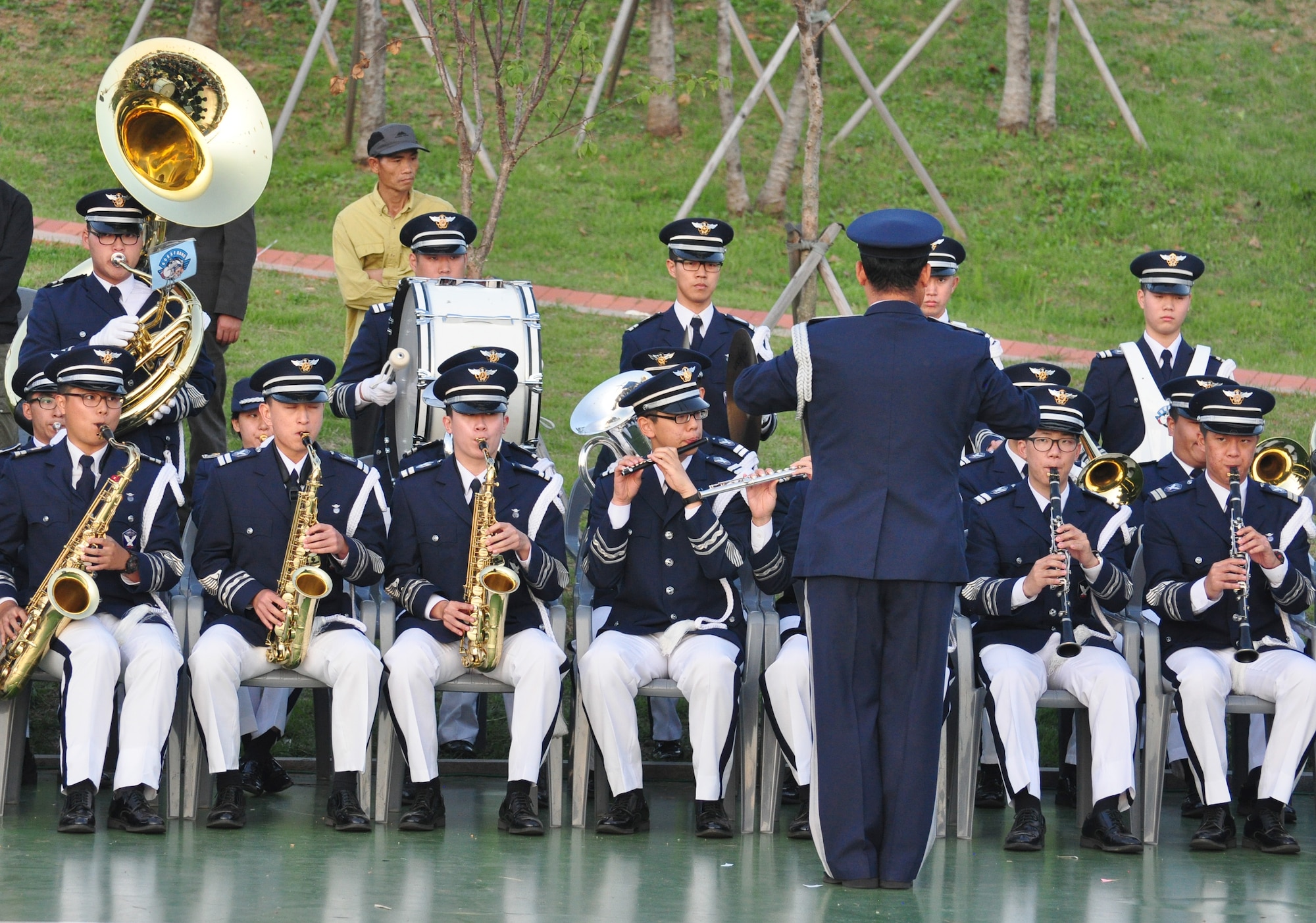 The Republic of Korea Air Force Band plays the American and Korean national anthems Sept. 24, 2011, during the eighth annual Korean American Friendship Cultural Festival. The festival was sponsored by the Songtan Chamber of Commerce and celebrates the great friendship between Koreans and Americans. (U.S. Air Force photo/Tech. Sgt. Chad Thompson)