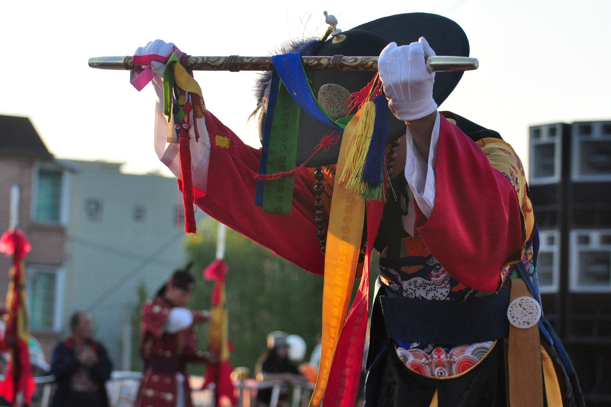 A Korean dressed in traditional military clothing bows after a martial arts performance Sept. 24, 2011, during the eighth annual Korean American Friendship Cultural Festival. The festival was sponsored by the Songtan Chamber of Commerce and celebrates the great friendship between Koreans and Americans. (U.S. Air Force photo/Tech. Sgt. Chad Thompson)