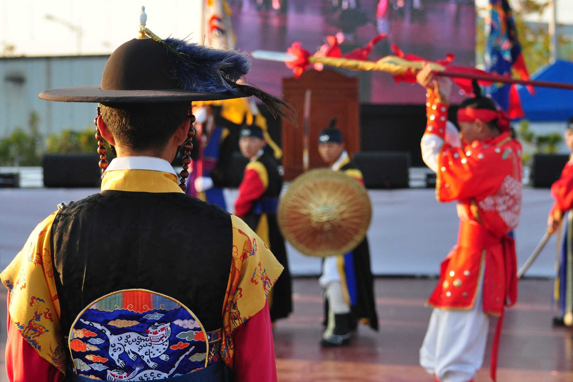 Koreans dressed in traditional military clothing prepare for a martial arts performance Sept. 24, 2011, during the eighth annual Korean American Friendship Cultural Festival. The festival was sponsored by the Songtan Chamber of Commerce and celebrates the great friendship between Koreans and Americans. (U.S. Air Force photo/Tech. Sgt. Chad Thompson)