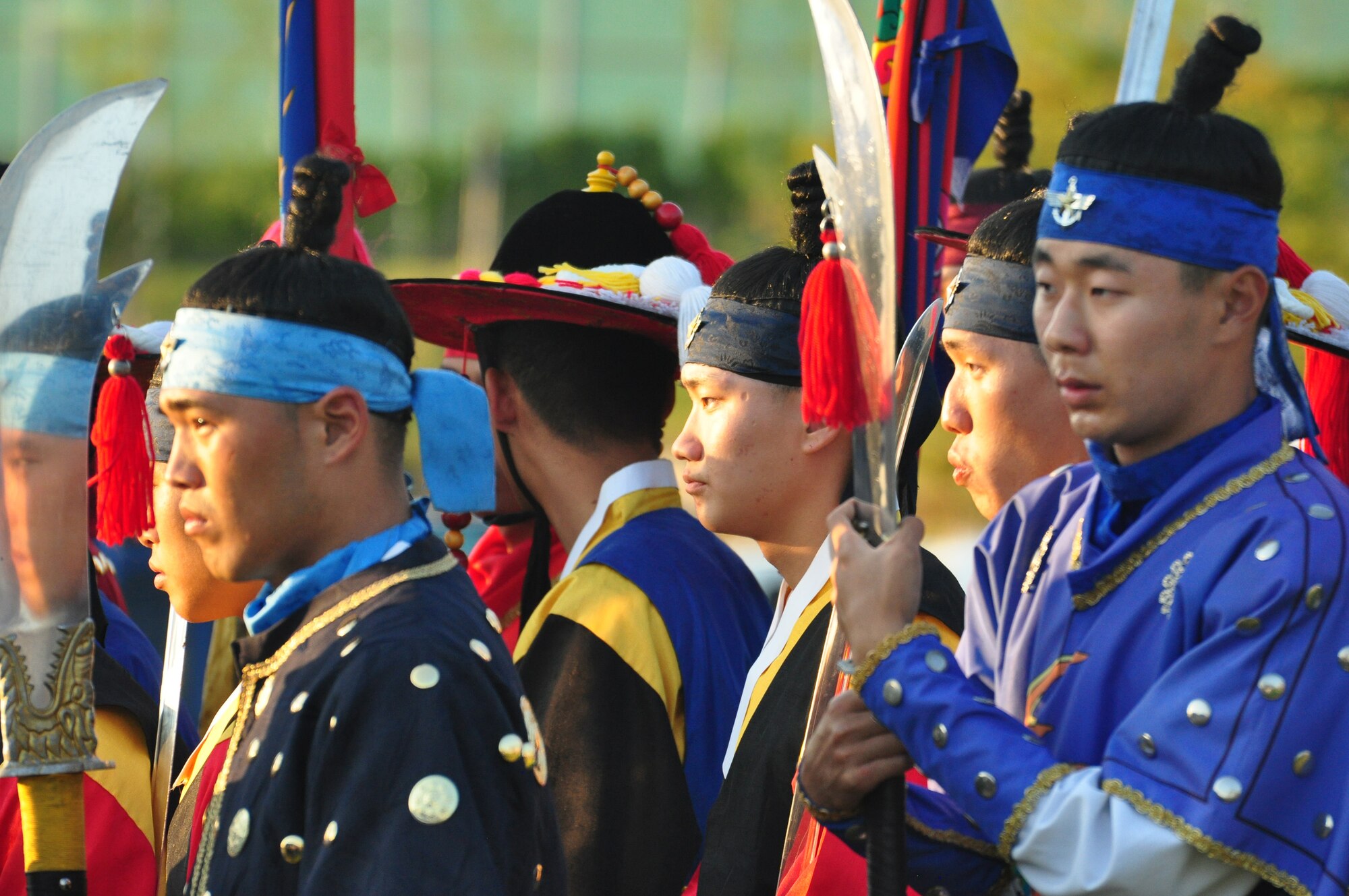 A group of Koreans dressed in traditional military clothing prepare for a martial arts performance Sept. 24, 2011, during the eighth annual Korean American Friendship Cultural Festival. The festival was sponsored by the Songtan Chamber of Commerce and celebrates the great friendship between Koreans and Americans. (U.S. Air Force photo/Tech. Sgt. Chad Thompson)