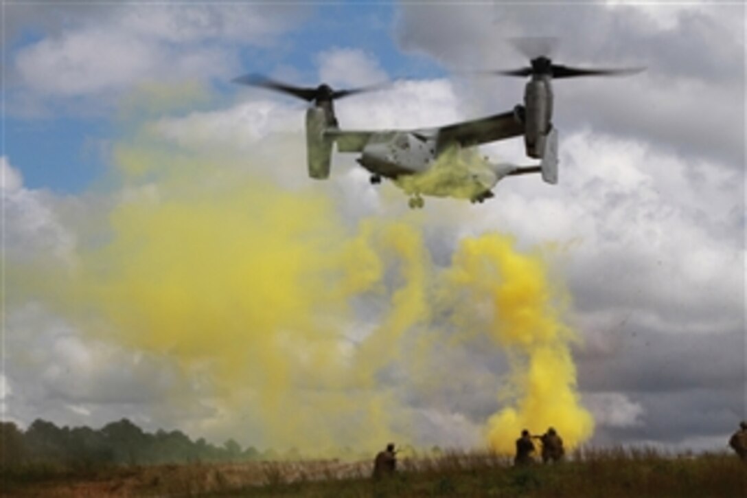 U.S. Marines from 1st Battalion, 2nd Marine Regiment, train on assault operations using the V-22 Osprey at Fort Pickett, Va., on Sept. 19, 2011.  More than 900 Marines and sailors are taking part in the Deployment for Training Exercise.  The battalion is scheduled to attach to the 24th Marine Expeditionary Unit as its Battalion Landing Team a few days after the training is complete.  