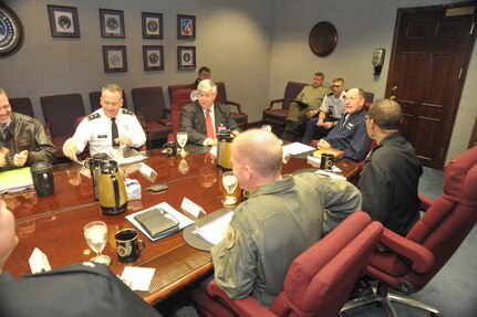 Offutt AIR FORCE BASE, Neb. - Gen. C. Robert Kehler, commander, U.S. Strategic Command; Vice Adm. Cecil Haney, deputy commander, USSTRATCOM; Maj. Gen. William Grimsley, chief of staff, USSTRATCOM; and Maj. Gen. Stephen Wilson, commander, Joint Forces Component Command-Global Strike, join Dr. Grant Hammond, deputy director for the Center for Strategy and Technology, Air War College, for his brief on "The Age of Surprise," a briefing regarding cumulative research about the future of deterrence and the Air Force&#039;s role Sept. 26.