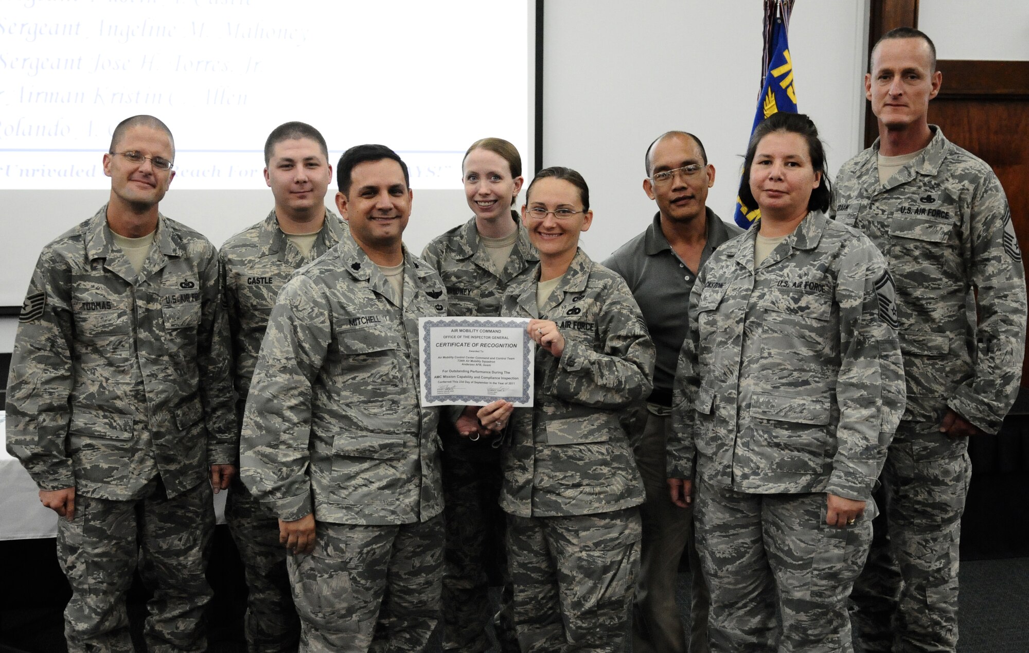ANDERSEN AIR FORCE BASE, Guam—the 734th Air Mobility Squadron command and control team received a letter of recognition for their outstanding performance during the squadron’s mission capability and compliance inspection here, Sep. 23. There were a few sections from the 734th AMS that were recognized for their performance which helped the squadron receive an “EXCELLENT” overall rating for the inspection. (U.S. Air Force photo by Senior Airman Benjamin Wiseman/Released)