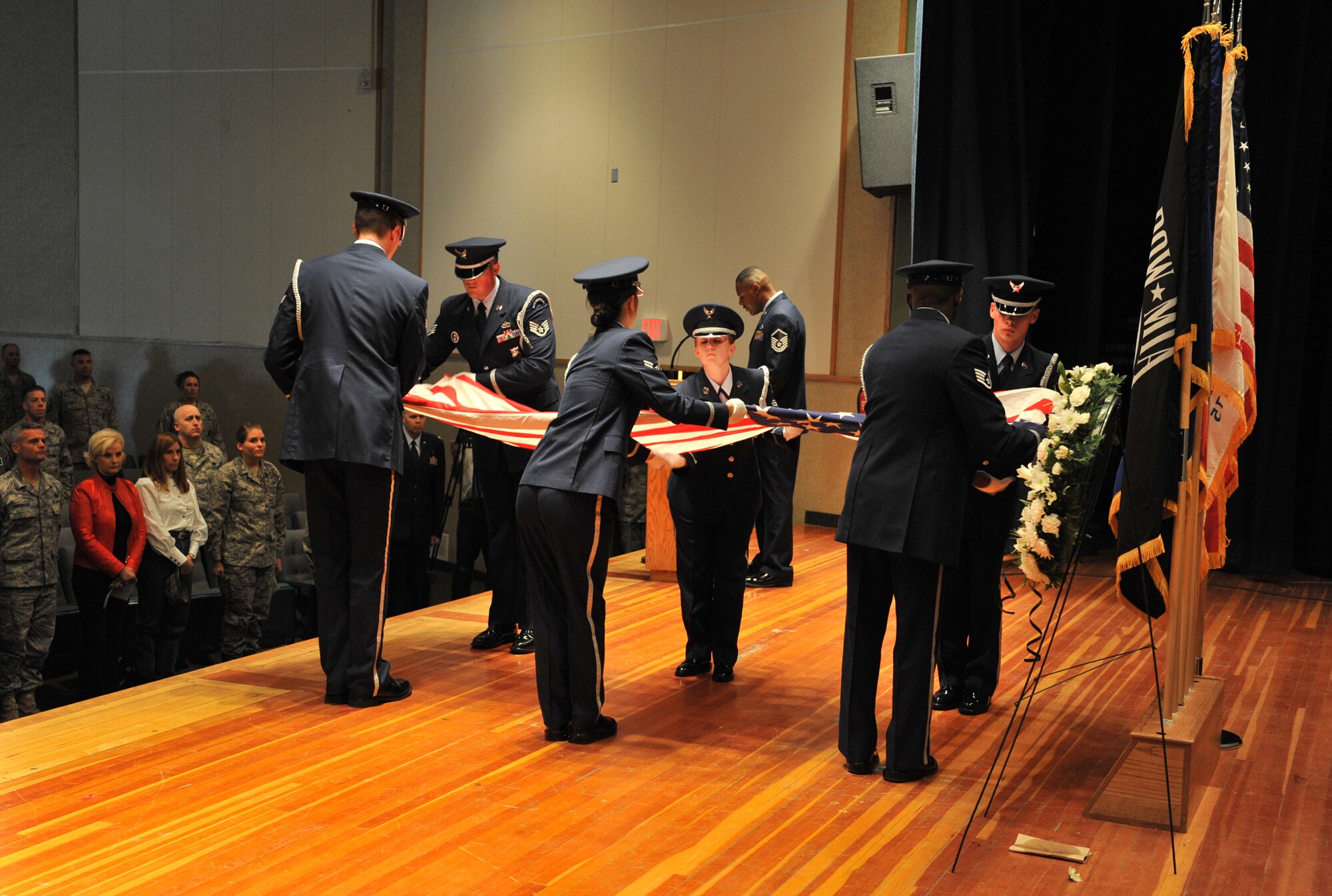 Members of Malmstrom's Honor Guard fold a flag during the POW/MIA ceremony Sept. 16.  (U.S. Air Force photo/John Turner)