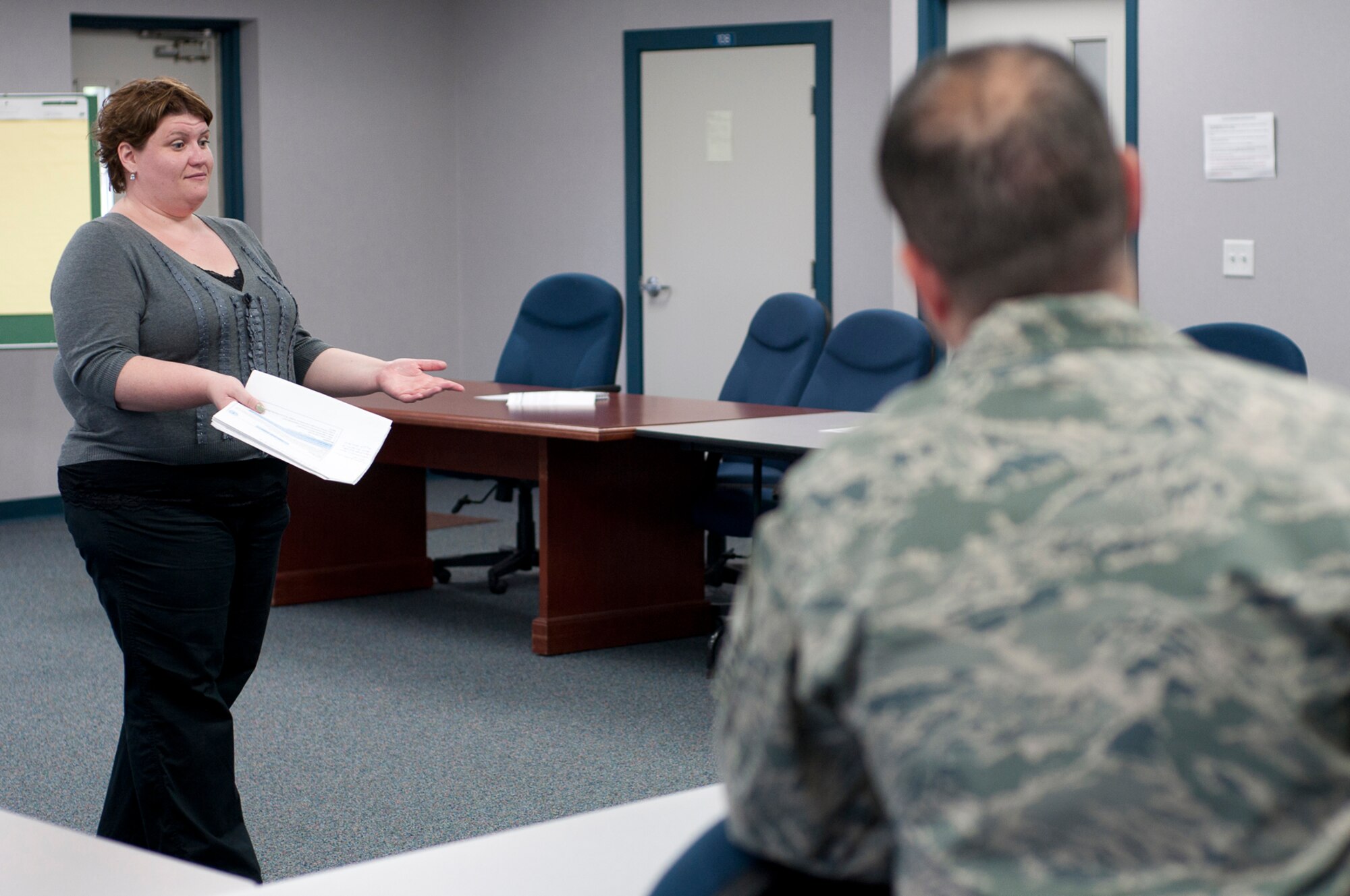 YOUNGSTOWN AIR RESERVE STATION, Ohio—Shelly Trimble, base Sexual Assault Response Coordinator and Behavioral Health Support Coordinator, instructs members of the 910th Airlift Wing at a Bystander Intervention Training course. The training is an Air Force mandated skill-building program designed to prevent sexual assault. All military members and civilians who supervise military members are required to take the course. Trimble has been conducting the course for several weeks to ensure all 910th members receive the training. 