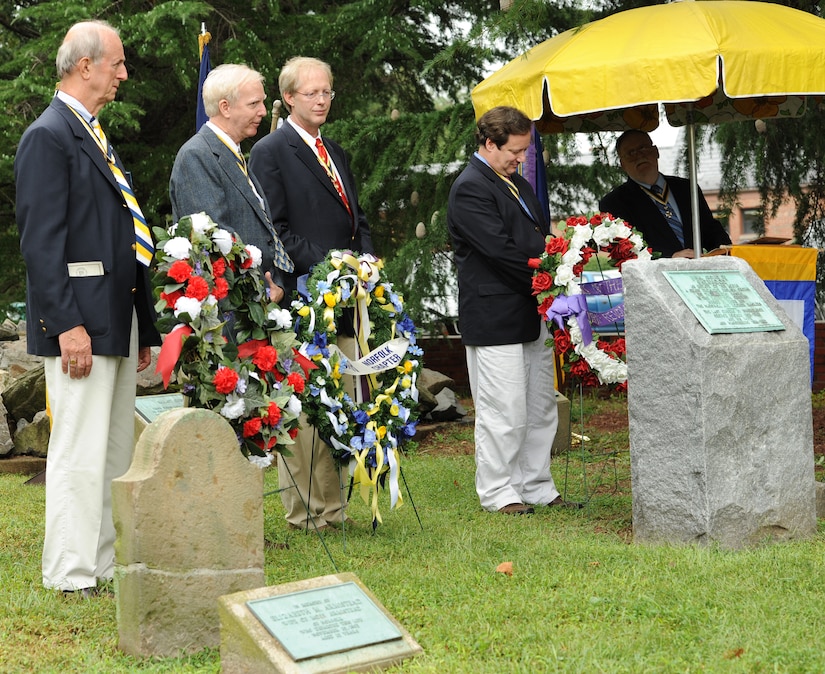 Members of the Sons of the American Revolution Virginia Society host a grave marking ceremony for Revolutionary War citizen patriot George Booker at Langley Air Force Base, Va., Sept. 24, 2011. Booker was a high sheriff in 1793 and a county court justice in 1805 in Elizabeth City County. (U.S. Air Force photo by Airman 1st Class Teresa Cleveland/Released)