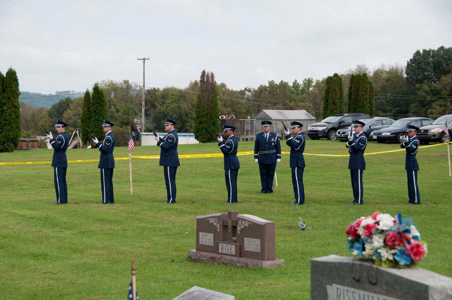 An Air Force honor guard team from McGuire Air Force Base, N.J., participates in a burial ceremony honoring Maj. Bruce Lawrence Sept. 24, 2011 at a cemetery in Easton, Pa., approximately 43 years after his aircraft was shot down in Vietnam. Lawrence’s remains were recovered and positively identified through the Joint POW/MIA Accounting Command. (U.S. Air Force photo/2nd Lt. Michael Gibson)