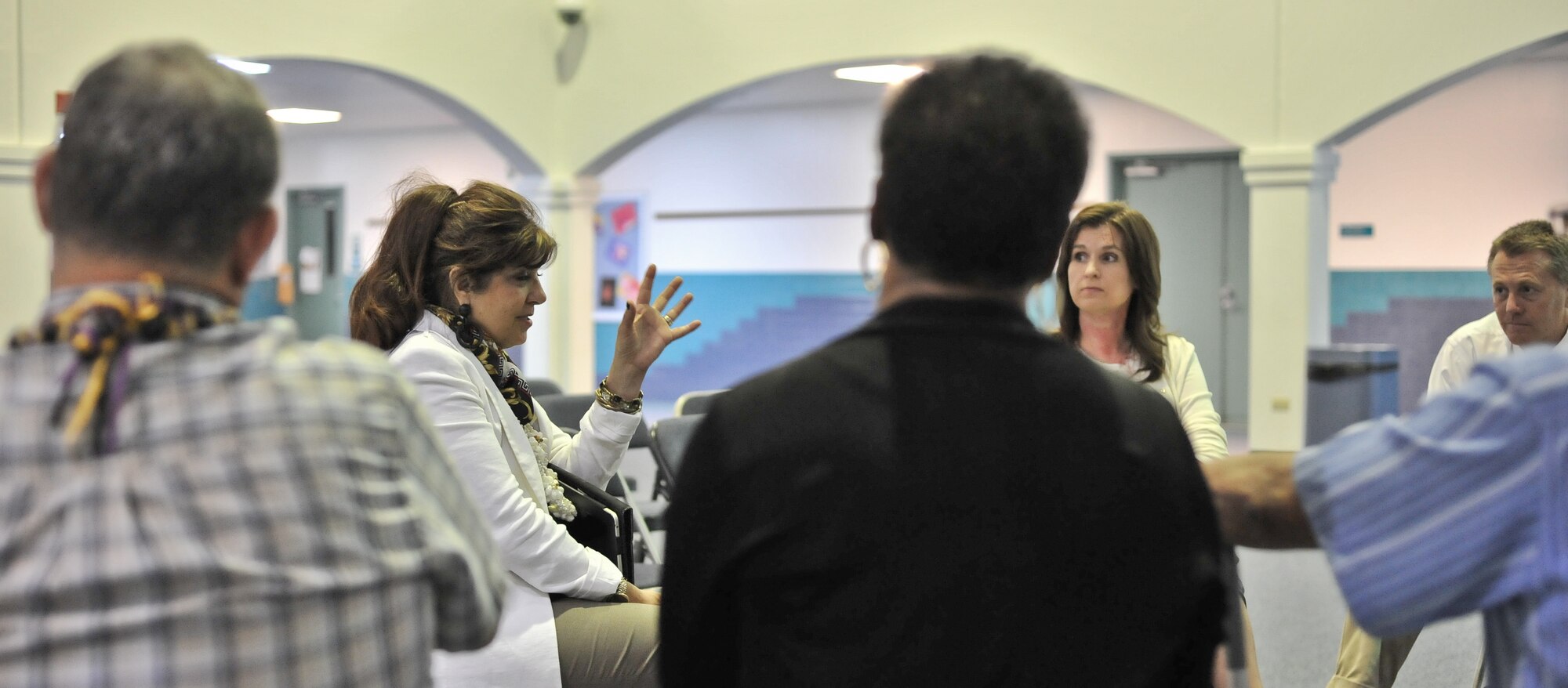Marilee Fitzgerald, DoDEA acting director, meets with parents and teachers of Andersen AFB schools during an instructional visit here Sept. 20.  Mrs. Fitzgerald visited Andersen schools to observe classrooms, introduce new ideas, meet with faculty and parents and interacted with students of all ages.  After the day of observation and classroom interaction, Ms. Fitzgerald met in a ‘round table’ format with some parents and faculty to discuss what she noticed and see what their suggestions were for the schools. (U.S. Air Force photo by Staff Sgt. Alexandre Montes/RELEASED)