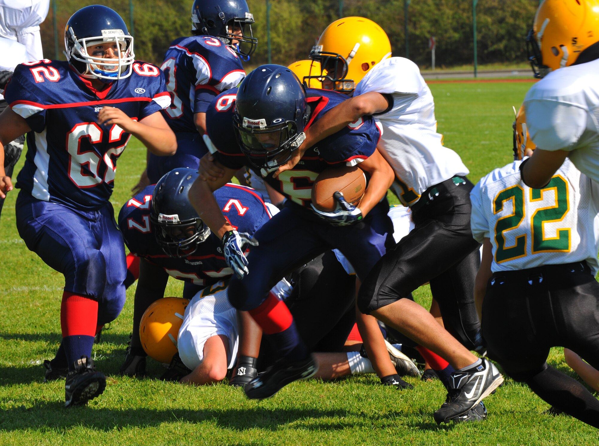 BITBURG ANNEX, Germany – Matt Flood, number 6, Bitburg High School Barons running back, carries the ball for a first down during the Bitburg High School homecoming football game here Sept. 24. The Bitburg Barons defeated the S.H.A.P.E. Sultans 56-20. (U.S. Air Force photo/Airman 1st Class Dillon Davis)