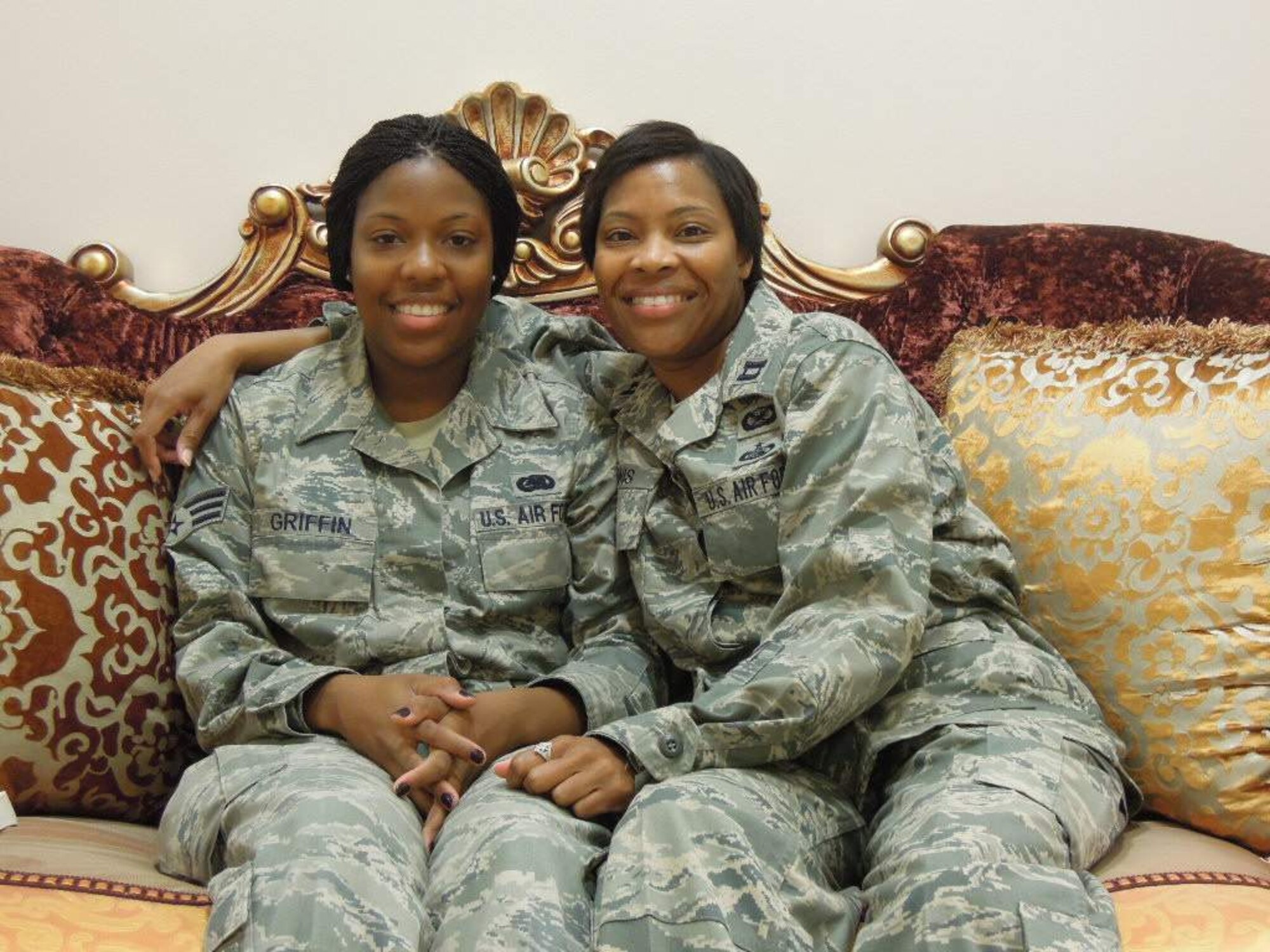 Senior Airman Crystal Griffin, 379th Expeditionary Logistics Readiness Squadron, and her Mother, Captain Greta Lewis, 386th Air Expeditionary Wing Public Affairs, are deployed simultaneously in the Area of Responsibility. (U.S. Air Force courtesy photo)