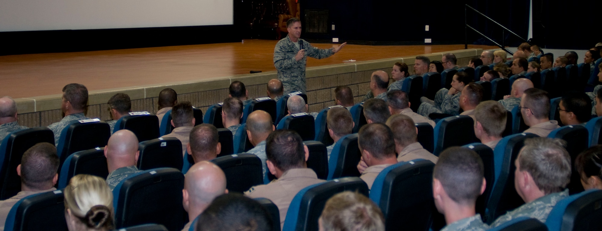 Lt. Gen. David Goldfein, U.S. Air Forces Central Command commander, speaks with Airmen at the 379th Air Expeditionary Wing during a commander’s call Sept. 17, 2011. Goldfein talked about his priorities as the AFCENT commander. (U.S. Air Force photo/Senior Airman Eric Summers Jr.)