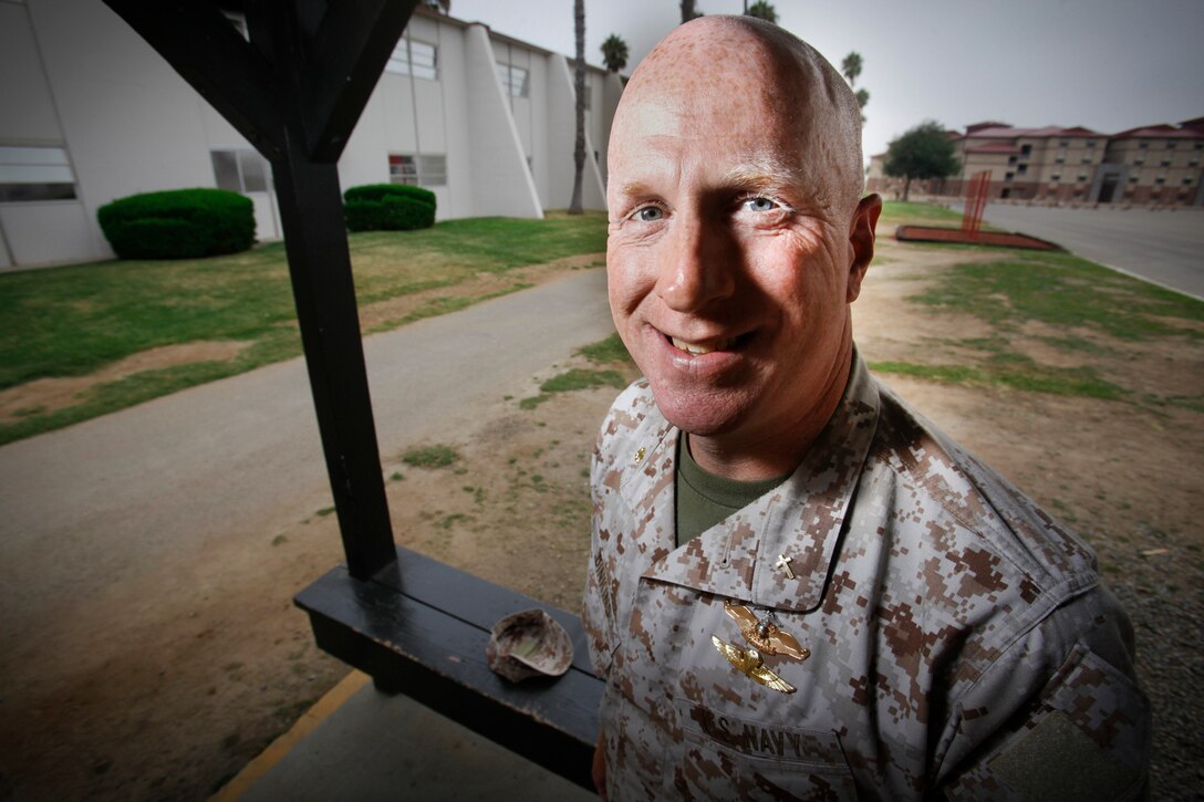 Growing up in Texas, Lt. Cmdr. David D. Dinkins never imagined that his faith would lead him to a career. Better known as Chaplain Dinkins, the 15-year veteran checked in to the 15th Marine Expeditionary Unit to serve the Marines’ and sailors’ religious needs. Dinkins, 45, comes to the MEU with a history of serving as chaplain for infantry and special operations units. (U.S. Marine Corps photo by Cpl. John Robbart III)