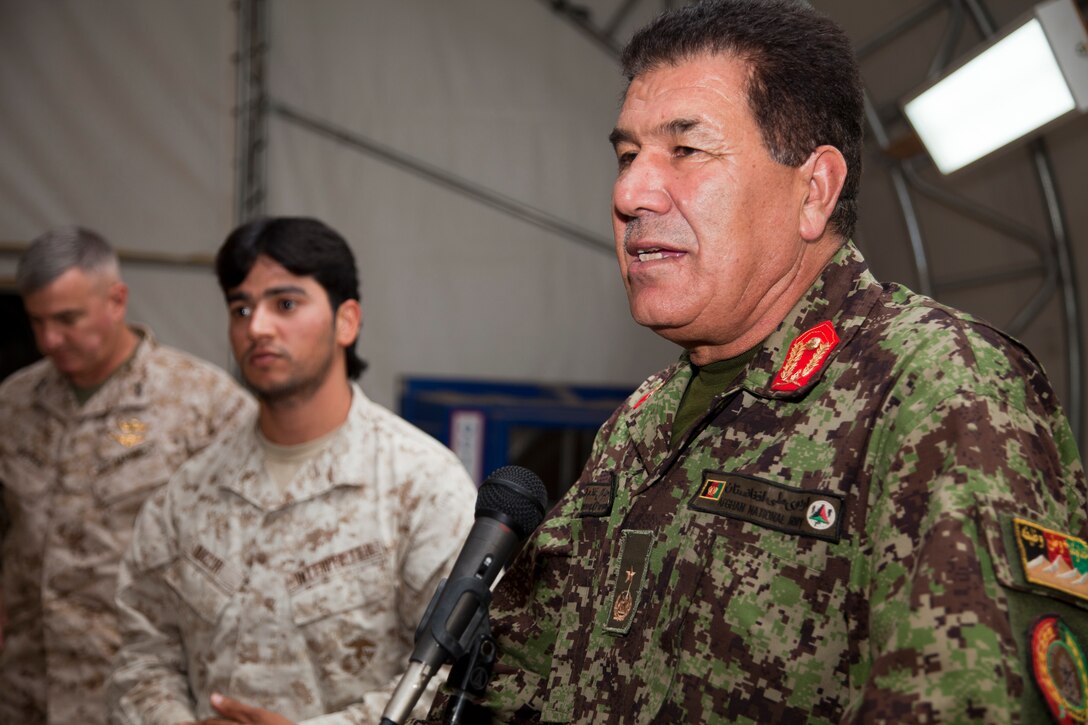 Brig. Gen. Ghulam Farooq Parwani, the deputy commanding general of the Afghan Army’s 215th Corps, speaks during a dinner for coalition leaders at Camp Leatherneck, Afghanistan, Sept. 28. Farooq spoke of hope and thanks for the efforts of their Marine and British allies, and the work they have done to stabilize the region.