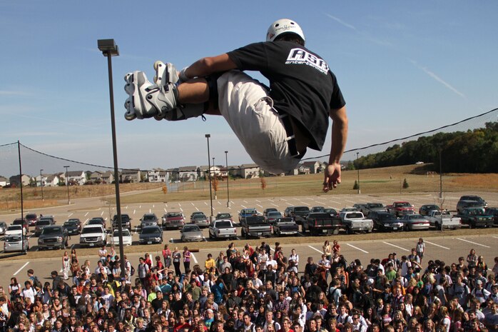 Inline skater Eito Yasutoko soars above a crowd of Shakopee High School students during a stop on the 2011 ASA Fall High School Tour Sept. 28. Recruiters from the Burnsville, Minn., office also attended the event and held a pull-up and flexed-arm hang challenge. For additional imagery from the show, visit www.facebook.com/rstwincities.