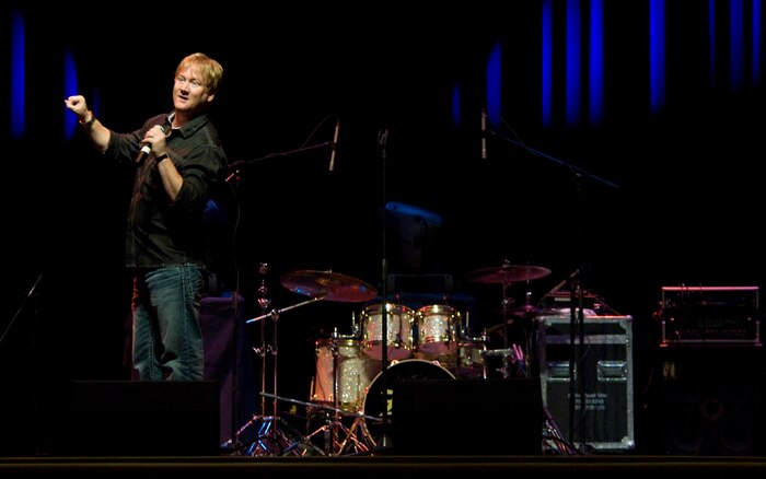 Jon Reep, winner of Last Comic Standing, performs a comedy skit during the Las Vegas Air Force Ball Sept. 24, 2011, at the Bellagio Hotel and Casino. The Air Force Ball provided more than 800 Airmen an opportunity to celebrate the 64th Anniversary of the United States Air Force. (U.S. Air Force photo by Staff Sgt. Christopher Hubenthal/Released)
