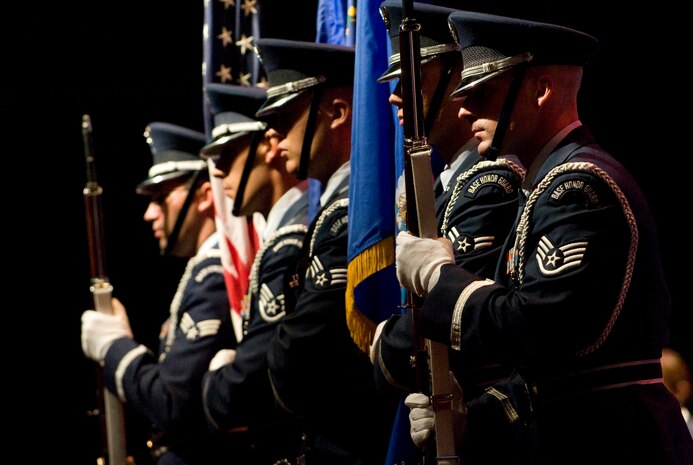 U.S. Air Force Honor Guard members retire the colors during the Las Vegas Air Force Ball Sept. 24, 2011, at the Bellagio Hotel and Casino. The Air Force Ball provided more than 800 Airmen an opportunity to celebrate the 64th Anniversary of the United States Air Force. (U.S. Air Force photo by Staff Sgt. Christopher Hubenthal/Released)