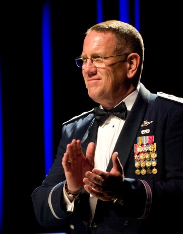 U.S. Air Force Maj. Gen. James Hyatt speaks to Airmen during the Las Vegas Air Force Ball Sept. 24, 2011, at the Bellagio Hotel and Casino. The Air Force Ball provided more than 800 Airmen an opportunity to celebrate the 64th Anniversary of the United States Air Force. (U.S. Air Force photo by Staff Sgt. Christopher Hubenthal/Released)