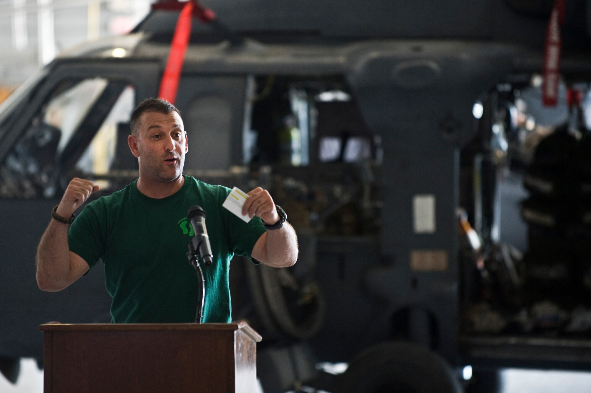 Steve Morris speaks about his daughter, Gia, and her contribution to the "That Others May Live" foundation Sept. 24, 2011, at Nellis Air Force Base, Nev. The TOML foundation is a non-profit charitable organization that provides scholarships, family counseling and aid to surviving children of United States Air Force rescue Airmen who gave the ultimate sacrifice during a rescue mission, training or other personnel recovery mission. (U.S. Air Force photo by Airman 1st Class Matthew Lancaster/Released)