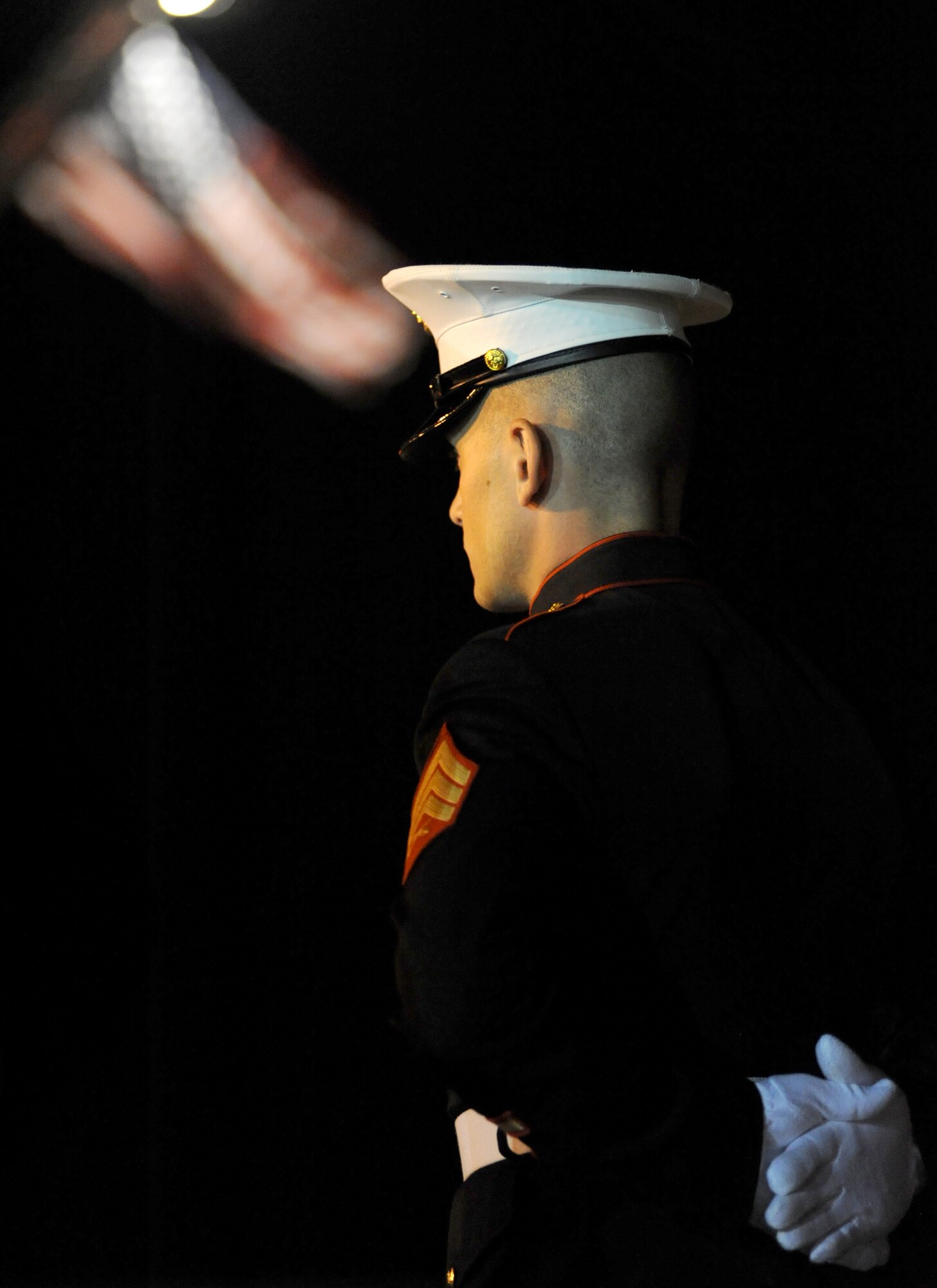 Members of Keesler’s Marine Corps Detachment greet returning members of the Mississippi Gulf Coast’s second Honor Flight Sept. 21 at the Gulfport-Biloxi International Airport.  The 86 World War II veterans visited the World War II Memorial and other Washington, D.C. landmarks and met with Mississippi Sen. Roger Wicker and Rep. Steven Palazzo.  Keesler’s 50-flag team, drum and bugle corps, honor guard and others welcomed the returning veterans.  (U.S. Air Force photo by Kemberly Groue)