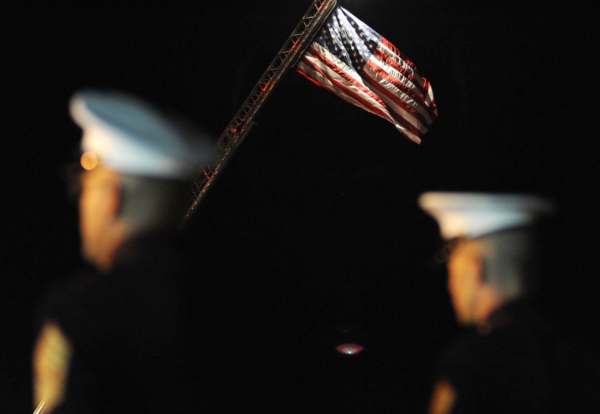 Members of Keesler’s Marine Corps Detachment greet returning members of the Mississippi Gulf Coast’s second Honor Flight Sept. 21 at the Gulfport-Biloxi International Airport.  The 86 World War II veterans visited the World War II Memorial and other Washington, D.C. landmarks and met with Mississippi Sen. Roger Wicker and Rep. Steven Palazzo.  Keesler’s 50-flag team, drum and bugle corps, honor guard and others welcomed the returning veterans.  (U.S. Air Force photo by Kemberly Groue)