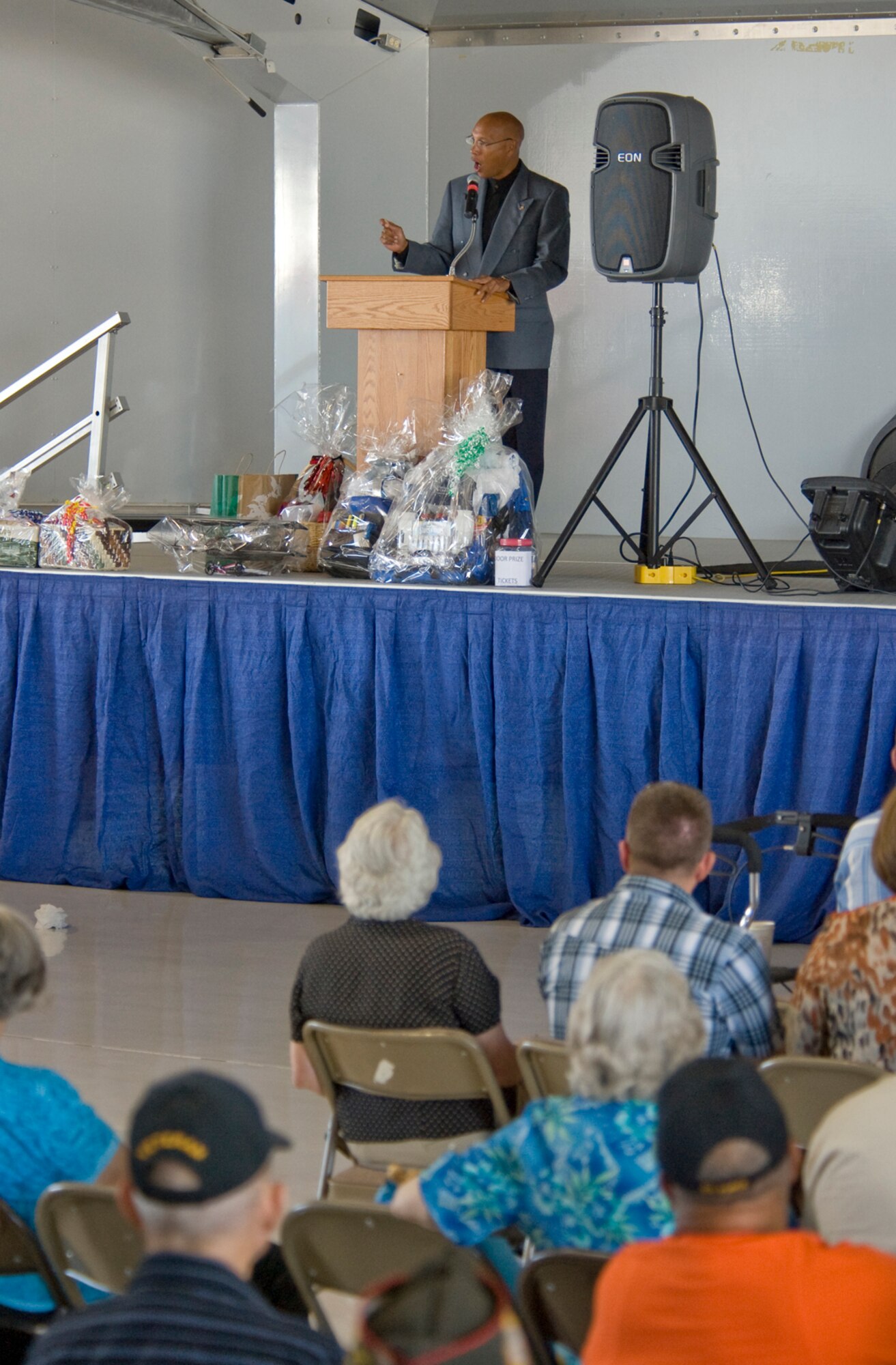 Retired U.S. Air Force Chief Master Sgt. Gary Maxwell spoke to Nevada retirees during the Nellis, Creech and the Nevada Test and Training Range Retiree Appreciation Day Sept. 24, 2011, at Nellis Air Force Base, Nev. Maxwell was the guest speaker, whose final assignment of his 30-year career was here at Nellis as the 99th Medical Group superintendent.  (U.S Air Force photo by Senior Airman Stephanie Rubi/Released)