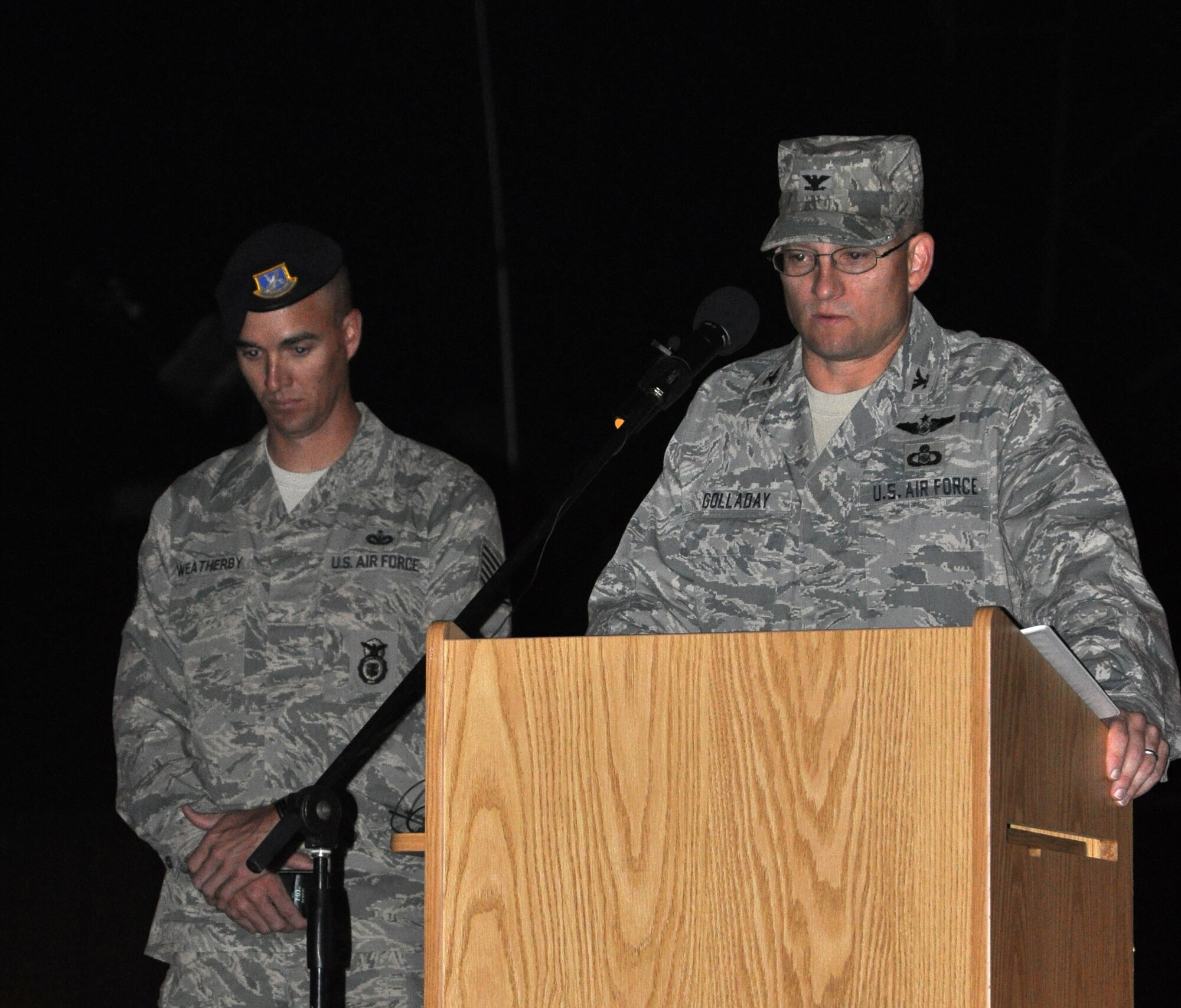 GOODFELLOW AIR FORCE BASE, Texas -- Col. William Golladay, 17th Training Wing Vice Commander, provides opening remarks at the Jacobson Memorial March here Sept. 28.  The march was in honor of security forces member Airman 1st Class Elizabeth Jacobson, and marked the sixth anniversary of her death.  The 21-year-old was the first security forces member and the first Air Force female to be killed in action in Operation Iraqi Freedom in 2005 by a roadside bomb. (U.S. Air Force photo/Connie Hempel)