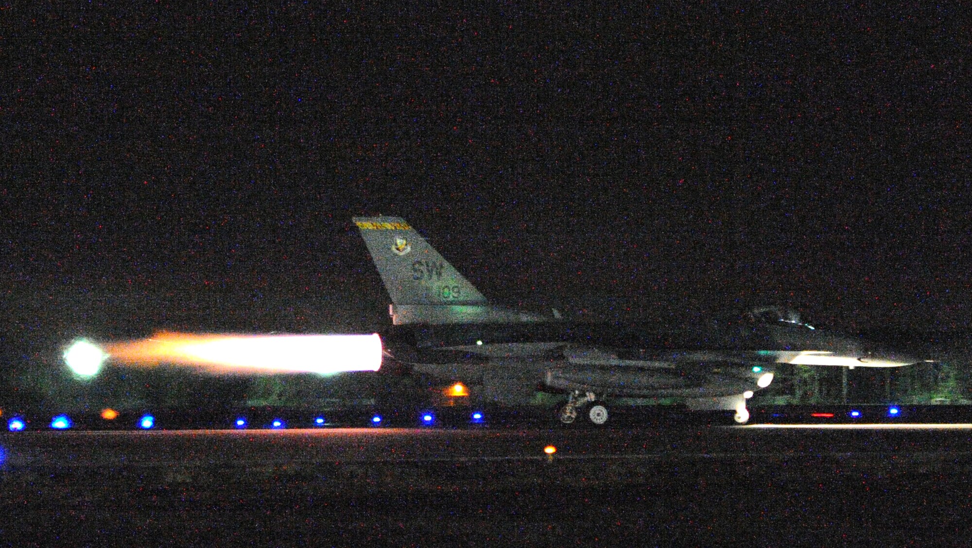 An F-16 Fighting Falcon speeds down the flight line during takeoff, Shaw Air Force Base, S.C., Sept. 24, 2011. Eighteen 79th Fighter Squadron F-16 Fighting Falcon aircraft deployed in support of Operation Unified Protector. (U.S. Air Force photo by Airman 1st Class Tabatha Duarte/Released)
