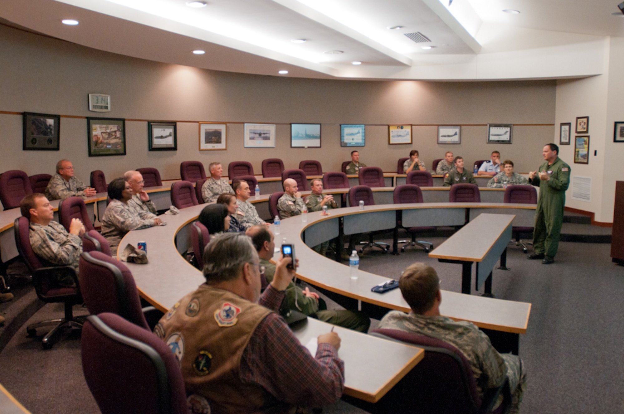 Col. Michael Pankau, 139th Airlift Wing Commander, Missouri Air National Guard, speaks during a briefing to U.S. Military ambassadors to Panama, and members of the 139th Airlift Wing on September 27, 2011 at Rosecrans Memorial Airport in Saint Joseph Mo. The 139th hosted the Military Ambassadors as part of the Missouri Guard’s continuing State Partnership Program with Panama. (U.S. Air Force photo by Senior Airman Sheldon Thompson)