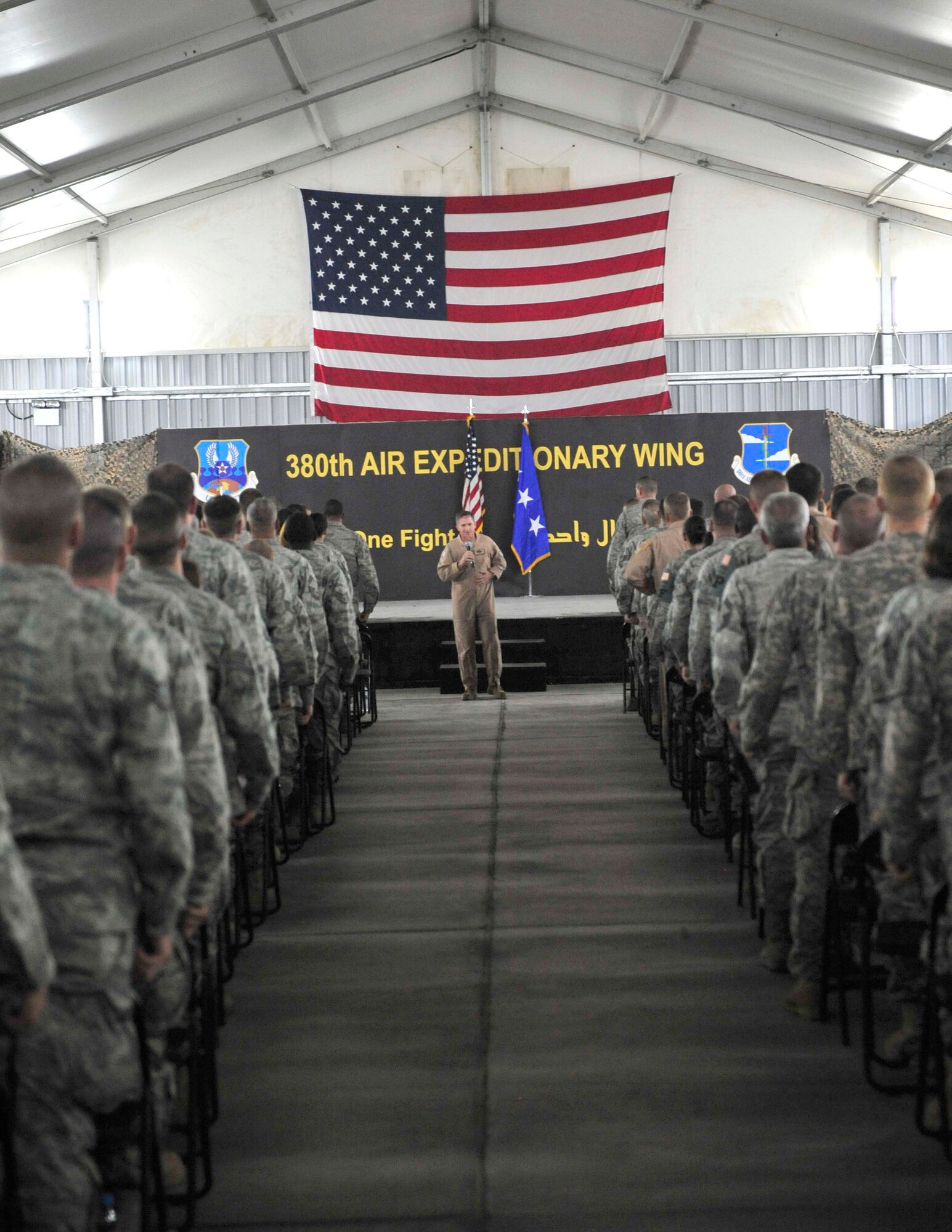 Lt. Gen. David Goldfein, commander, U.S. Air Forces Central Command, makes his final comments during an all-call Sept. 27, 2011, at the 380th Air Expeditionary Wing. This was the general's first visit to the 380th AEW since becoming the AFCENT commander. During the visit, he toured the base and shared his priorities with the Airmen, Soldiers and Sailors at the deployed location. (U.S. Air Force photo/Tech. Sgt. Patrick Mitchell)

