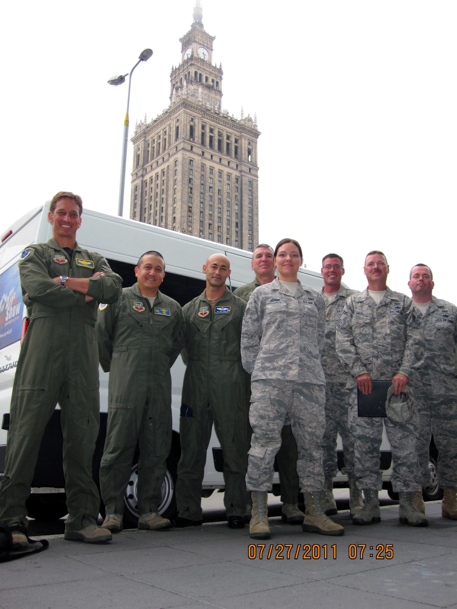 Warsaw, Poland -- Members of the 183d Fighter Wing stand outside the Palace of Culture and Science during their support of Safe Skies 2011. (Courtesy photo)