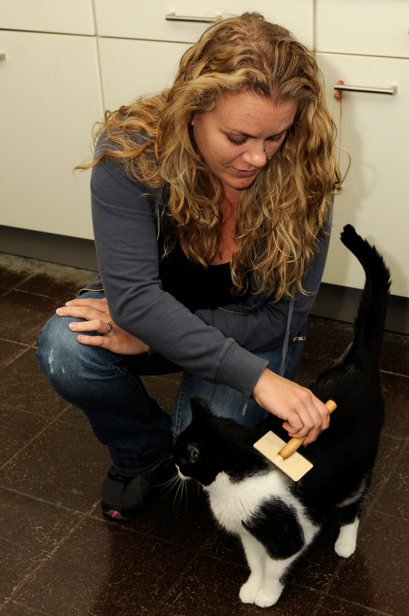 OBERWEIS, Germany -- Christa Lawson, 52nd Force Support Squadron Pet Spa manager, brushes Melvin Kendall at the Pet Spa here Sept. 26. Melvin has been at the Pet Spa for almost a year while his owner is on back to back deployments.  To board cats, they must have rabies, Felocell and Leukocell vaccinations. (U.S. Air Force photo/Airman 1st Class Brittney Frees)