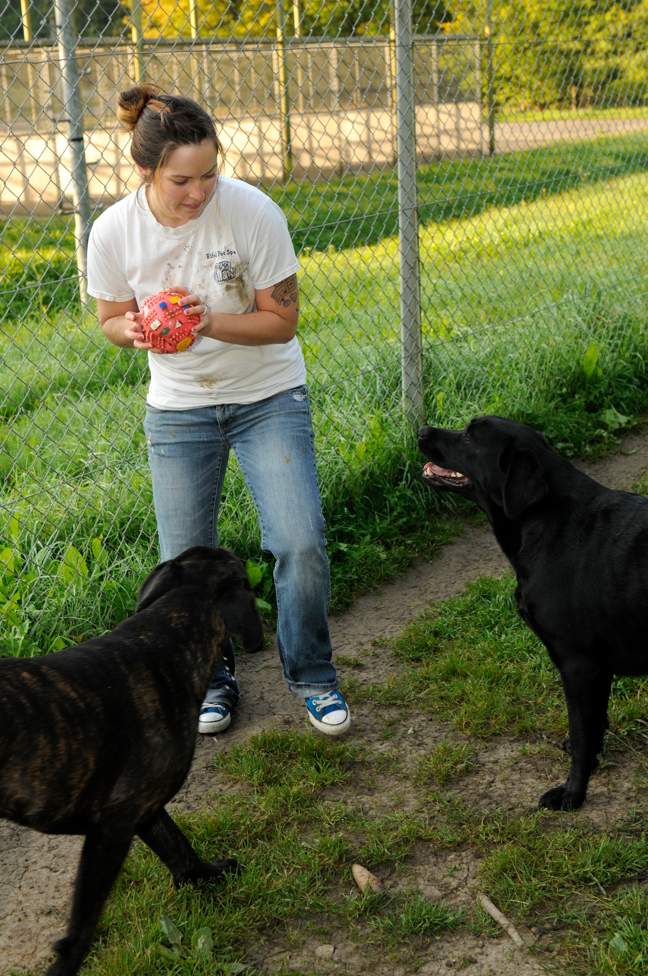 OBERWEIS, Germany -- Kimberly Barker, 52nd Force Support Squadron Pet Spa animal care taker, plays with Coco and Slugger Furman at the Pet Spa here Sept. 26. The dogs are walked twice a day and are put in indoor/outdoor kennels called runs which allow them to run around and play. To put dogs into doggy daycare or to board them, the animals are required to have rabies, distemper and bordetella vaccinations before staying at the Pet Spa. (U.S. Air Force photo/Airman 1st Class Brittney Frees)