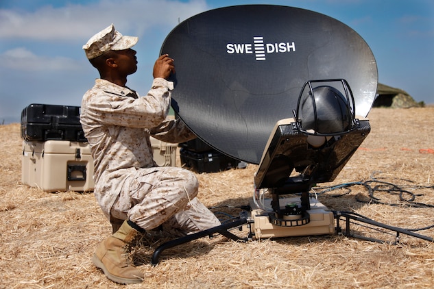 Corporal Garrett L. Spinks, satellite communications operator, communications section, 15th Marine Expeditionary Unit, puts the different pieces of the Support Wide Area Network mini version together at the unit’s field operation at Reconnaissance, Selection and Occupation of Position 95, Sept. 26-29. The training involved Marines from the MEU’s command element and their soon to be Battalion Landing Team - 3rd Battalion, 5th Marine Regiment, 1st Marine Division, Camp Pendleton, Calif. (U.S. Marine Corps photo by Cpl. John Robbart III)