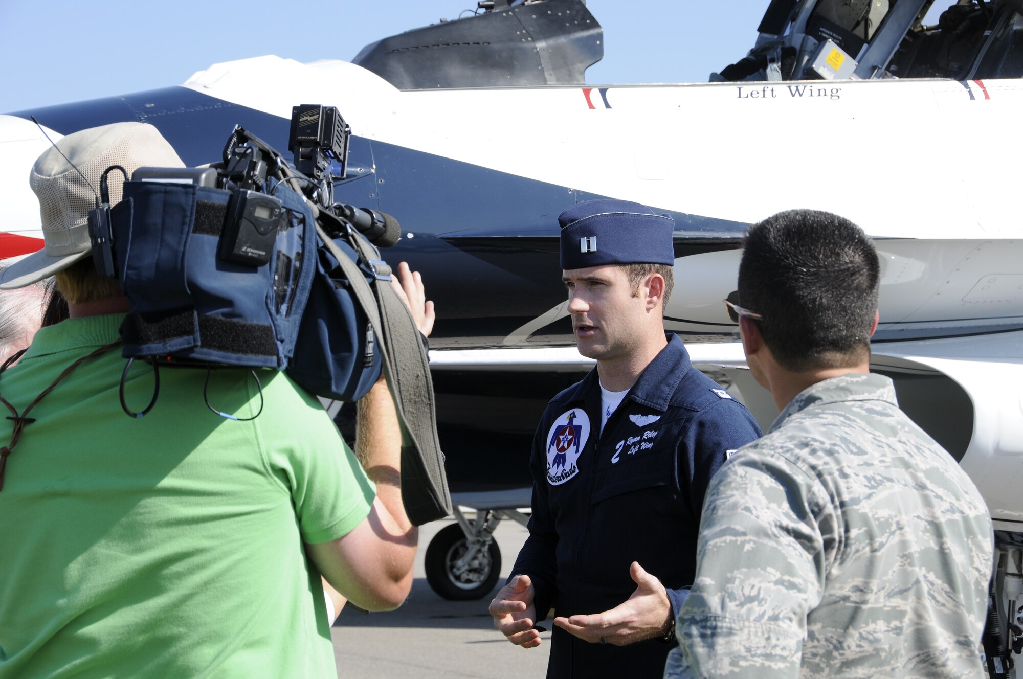 Capt. Ryan Riley, an F-16 pilot with the U.S. Air Force Thunderbirds Demonstration Squadron, speaks with members of the media at the 188th Fighter Wing. The Thunderbirds arrived in Fort Smith Sept. 29 in preparation for the Fort Smith Air Show scheduled for Oct. 1-2. (U.S. Air Force photo by Airman 1st Class Hannah Landeros)