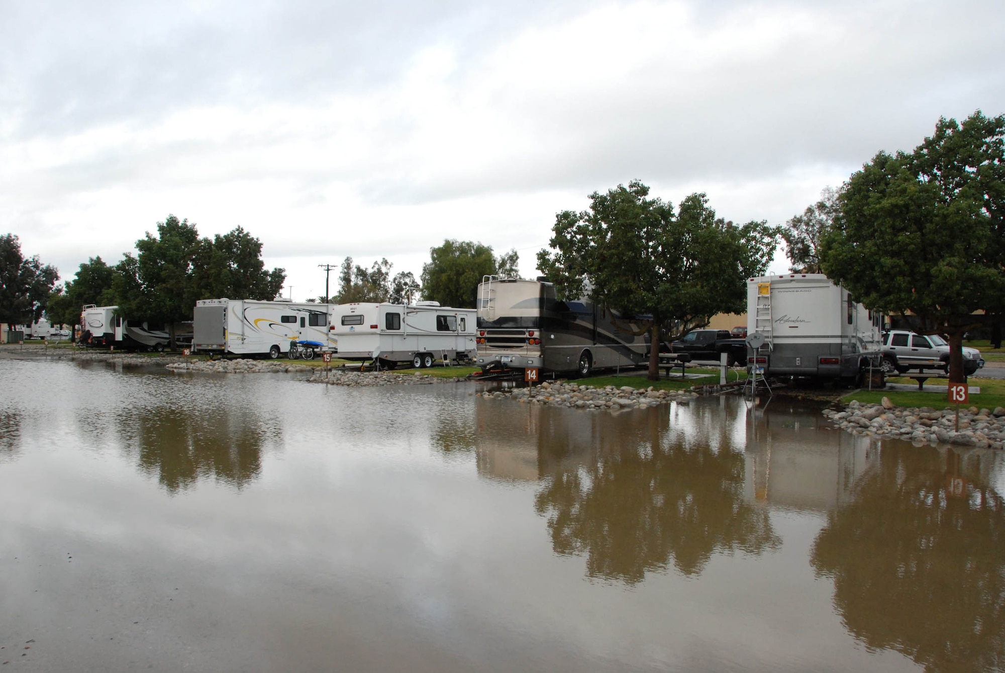 ?Lake March? fills the road behind motor homes at the family camp at March Air Reserve Base, Calif., Jan. 22, 2010. One of the goals of the repaving project that began in September 2011, is to keep the camp dry during the rainy season. (U.S. Air Force photo/Henry Kim)