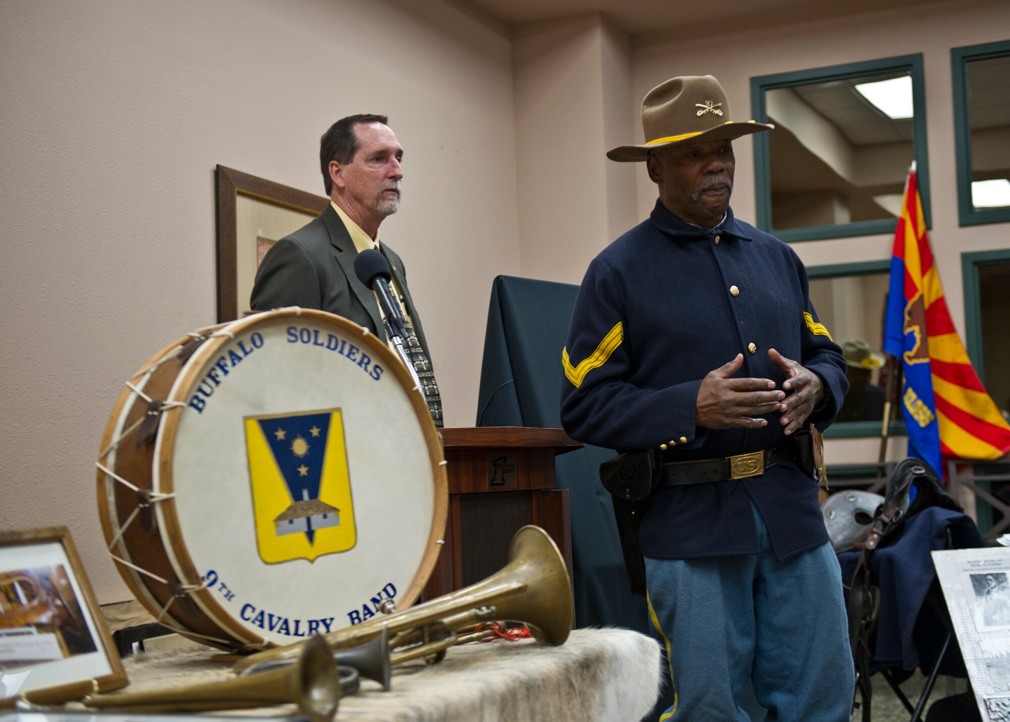 ALAMOGORDO, N.M. -- Sgt. Aaron Plump, former 10th Cavalry Buffalo Soldier Troop “B”, speaks about the Buffalo Soldiers Society of New Mexico Sept. 27, 2011, at First National Bank. Plump and other members of the society are working to gain support of the creation and permanent placement of a monumental bronze sculpture of the Buffalo Soldiers. Their goal is to erect an 8 ft. sculpture in Cochise County, AZ. (U.S. Air Force photo by Airman 1st Class Eileen Meier/Released)
