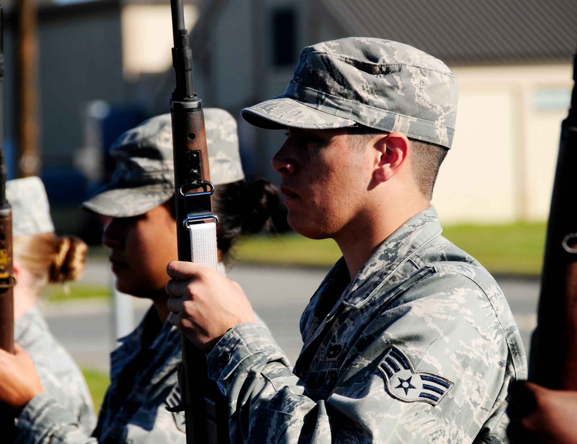 Senior Airman Brenton Swift practices precision movements here Sept. 13.  Each week the Honor Guard team performs different drill movements focusing on the fundamentals and the entire drill movement.  Airman Swift is assigned to the 354th Aircraft Maintenance Squadron as a weapons loadcrew member. (U.S. Air Force photo by/Airman 1st Class Yash Rojas)