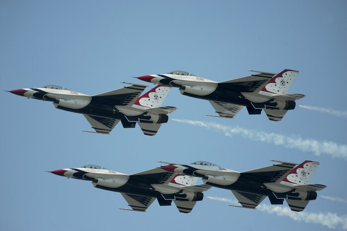 The U.S. Air Force Air Demonstration Squadron "Thunderbirds" perform the Diamond Flat Pass during the Cleveland National Air Show, Sept. 3, 2011.(U.S. Air Force photo/Staff Sgt. Larry E. Reid Jr., Released)