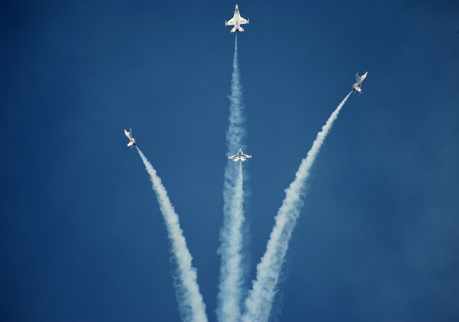 The U.S. Air Force Air Demonstration Squadron "Thunderbirds" perform the High Bomb Burst during the Cleveland National Air Show, Sept. 3, 2011.(U.S. Air Force photo/Staff Sgt. Larry E. Reid Jr., Released)