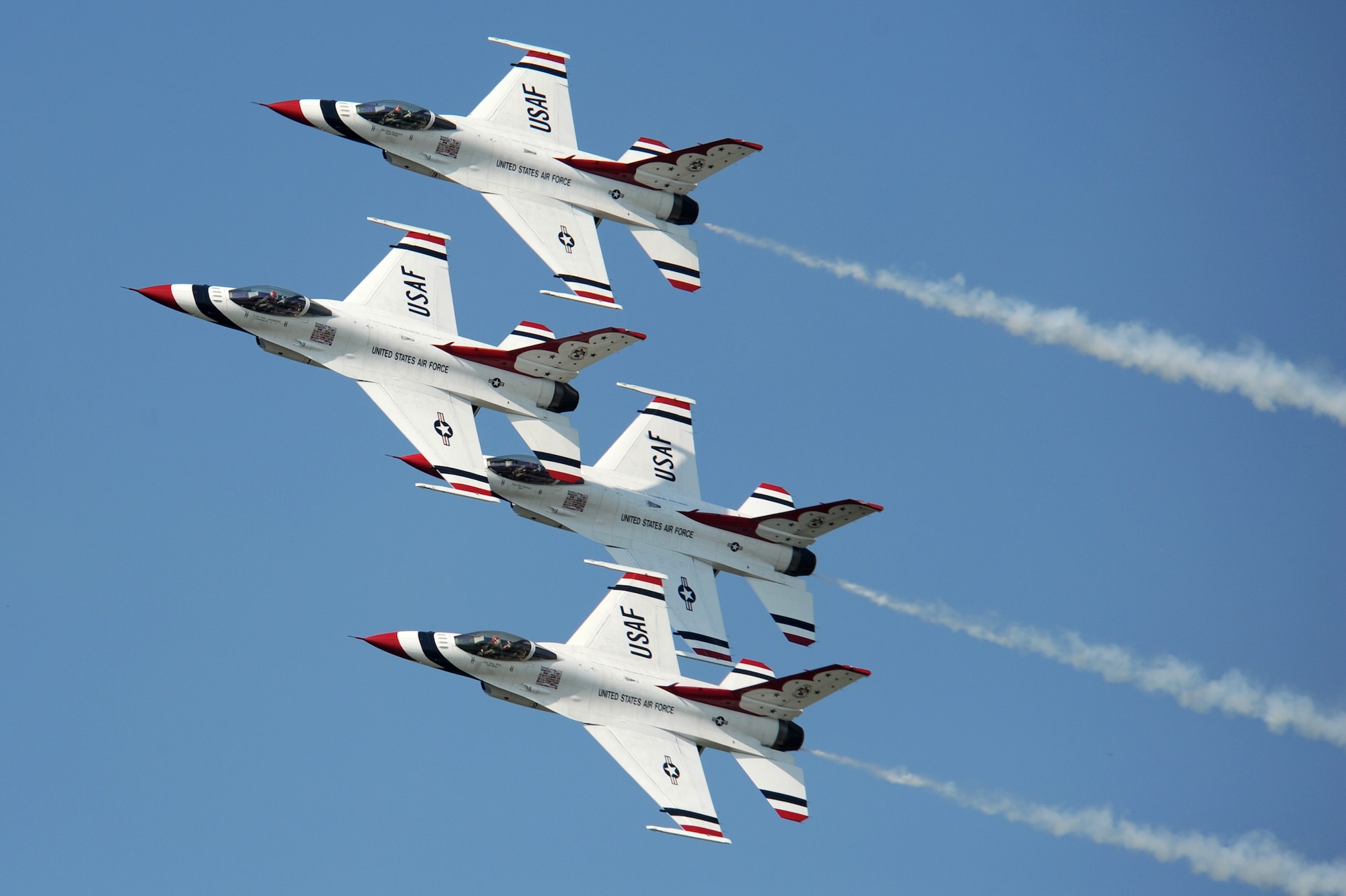 The U.S. Air Force Air Demonstration Squadron "Thunderbirds" perform the Diamond Pass and Review during the Cleveland National Air Show, Sept. 3, 2011.(U.S. Air Force photo/Staff Sgt. Larry E. Reid Jr., Released)