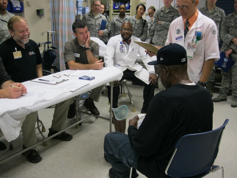 The medical review board approves a veteran for a new leg prosthetic at the Durham Veterans Affairs Medical Center in Durham, N.C., Sept. 22, 2011.   Airmen from Seymour Johnson Air Force Base visited with patients at the DVAMC and learned about medical care and services provided to veterans.  (U.S. Air Force photo by Staff Sgt. Mary Holycross)