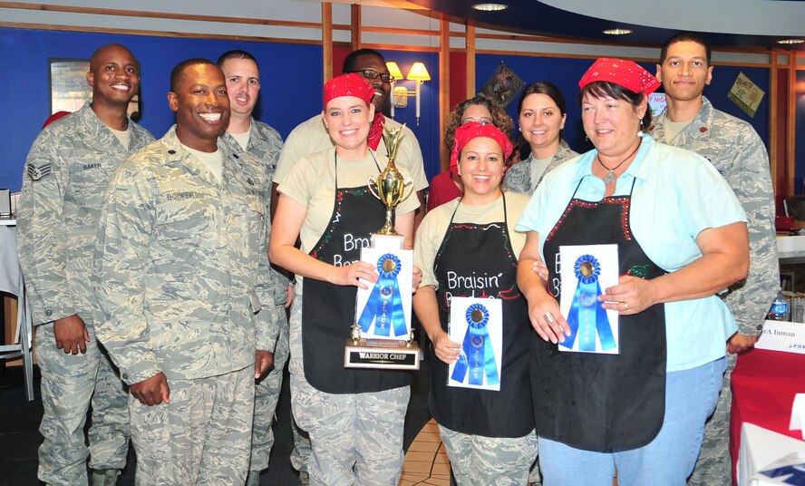 The winners of the Warrior Chef competition, Team Braisin Banditos, are awarded a trophy and ribbons at the Southern Eagle Dining Facility, Sept. 28, 2011. The team was praised for their unique presentation and teamwork. Officials from the 4th Force Support Squadron plan to create more events to motivate and foster creativity in Airmen. ( U.S. Air Force photo by Senior Airman Marissa Tucker)





