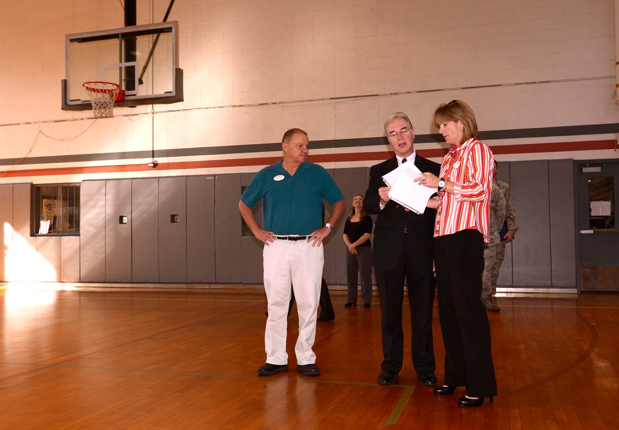 Lisa Stevens, Dobbins services manager, shares proposals, with Congressman Tom Price, to enhance the base fitness center during his base visit Sept. 29. Stevens, along with the fitness gym manager, discussed critical issues plaguing the aging facility. (U.S. Air Force photo/ Brad Fallin)