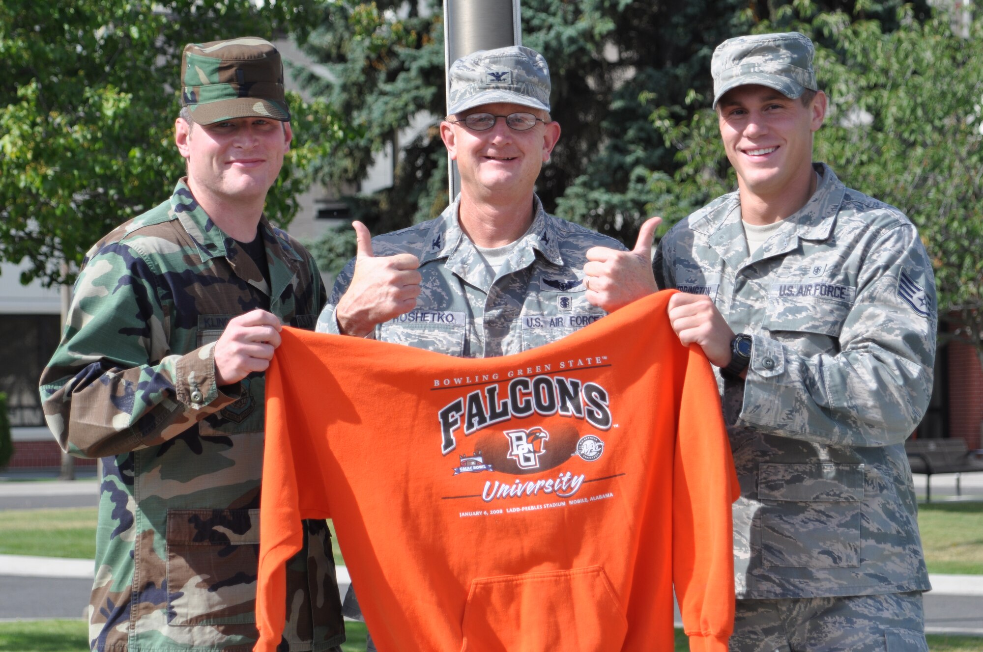 From left to right: 1st  Lt. Michael Klingshirn, Col. Thomas Roshetko and Staff Sgt. Michael Herrington assigned to the 92nd Medical Group all attended Bowling Green State University, Ohio. Klingshirn and Herrington attended at the same time and were friends. (Courtesy photo)