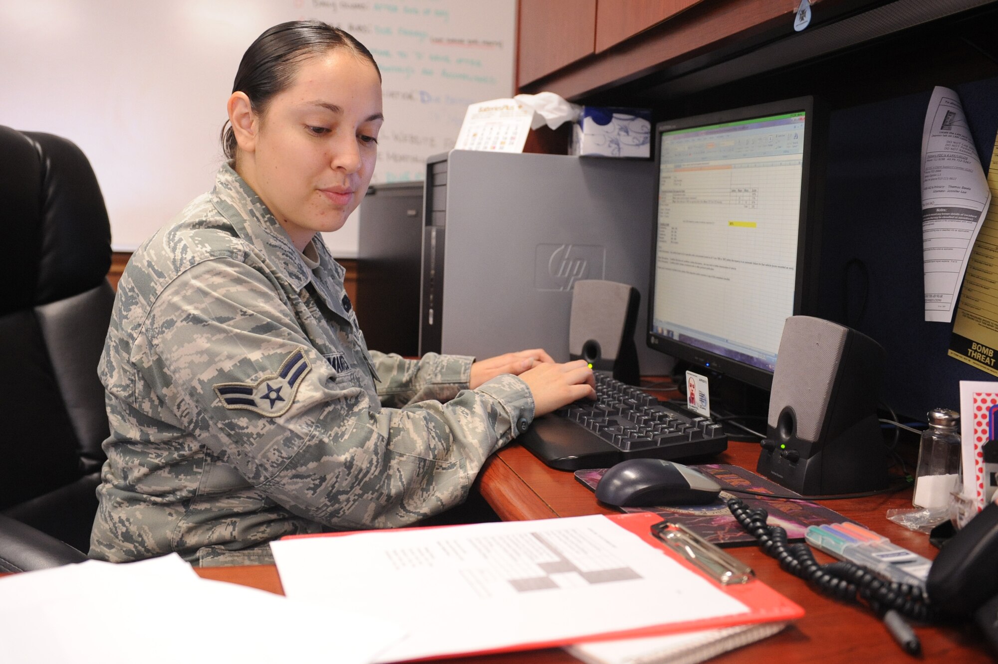 Airman 1st Class Jeannette Talamantes updates a spreadsheet after a vehicle inspection at Seymour Johnson Air Force Base, N.C., Sept. 27, 2011. The vehicle inspection results are used to inform the 4th Logistics Readiness Squadron vehicle management flight that vehicles are being maintained properly. Talamantes is a 4 LRS vehicle maintenance management analyst and native of Artesia, N.M. (U.S. Air Force photo by Senior Airman Whitney Stanfield)